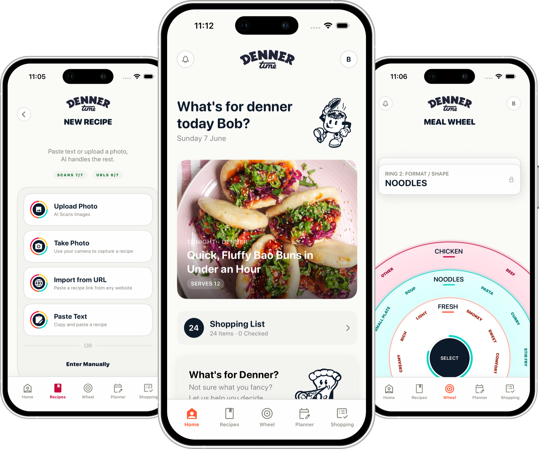 DennerTime app — home screen, recipe import, and meal wheel